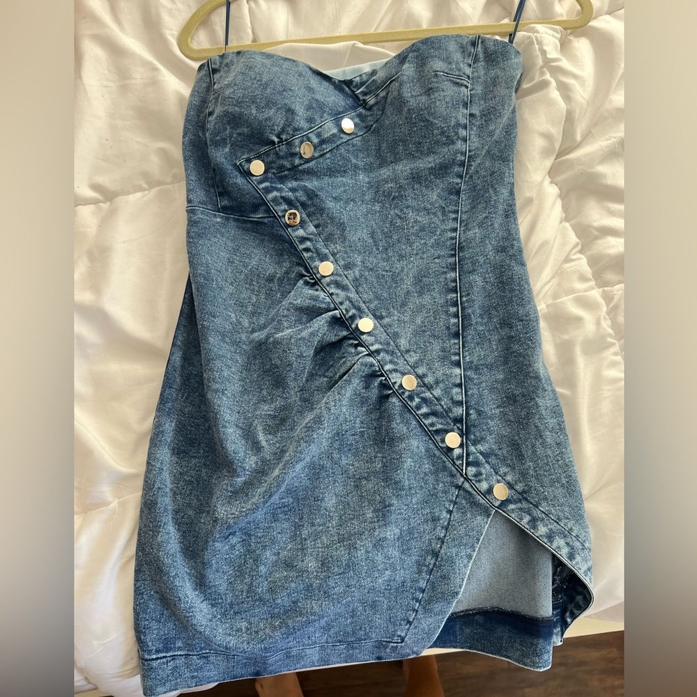 mini denim strapless dress